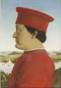 It's a portrait of Portrait of Frederick of Montefeltro in a painting by Piero della Francesca (1470-1473), exposed to Uffizi Museum, Florence, Italy, which is part of the dermatological iconodiagnosis