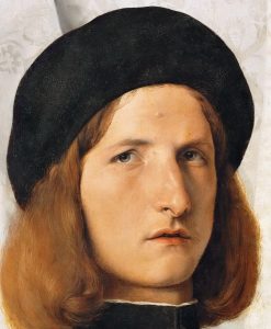 It is a portrait of a Young Man with a Lamp, by Lorenzo Lotto, exhibited in Kunsthistorisches Museum, Vienna, Austria, that represents a spitz nevus is a relatively rare type of non-cancerous skin tumor, which is part of the dermatological iconodiagnosis